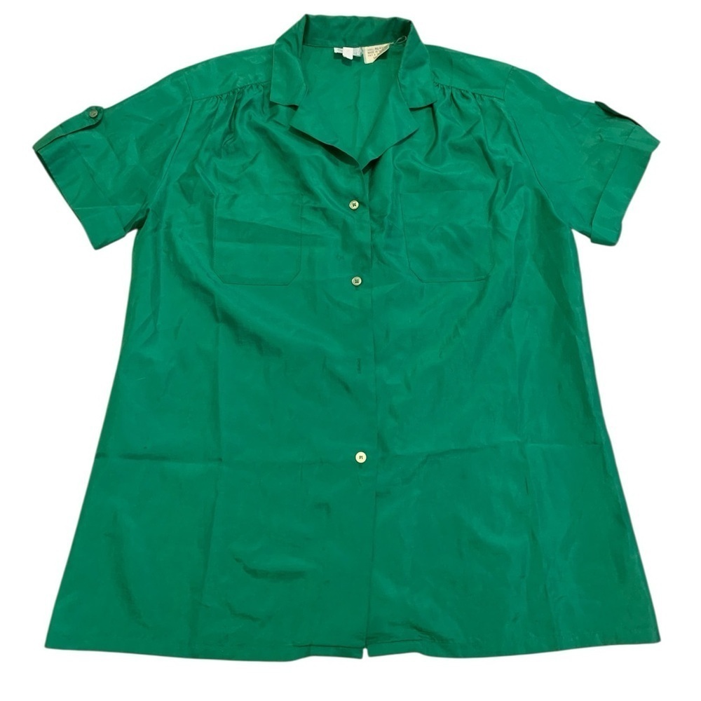 Simpsons Emerald Green Blouse Size 12 70s 80s Short Sleeve Button Down Shirt Top
